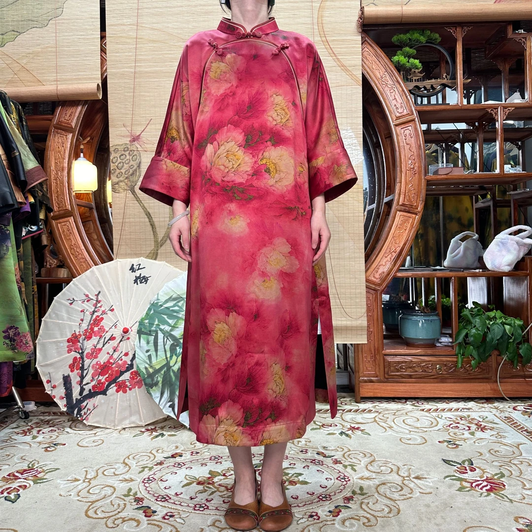 60姆米重缎粉底牡丹花开香云纱袍子美玲襟100桑蚕丝香云纱中式