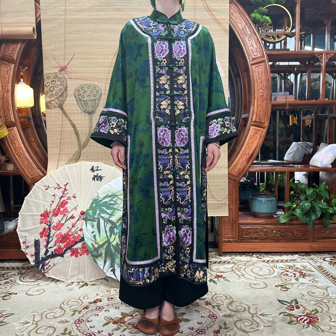 70姆米重锻苏绣玫瑰花开100桑蚕丝对开襟风衣缝制中国风