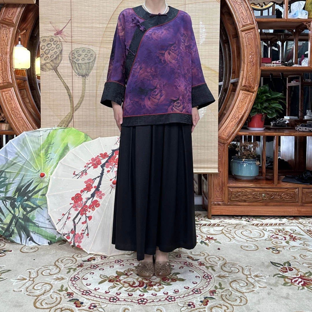 60姆米重缎紫底牡丹花开上衣100桑蚕丝香云纱面料缝制中国风