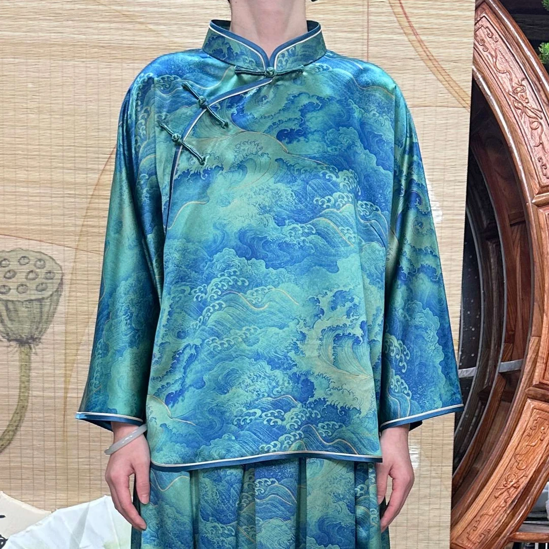 60姆米重缎海水江崖富婆衫100桑蚕丝香云纱面料缝制中国风