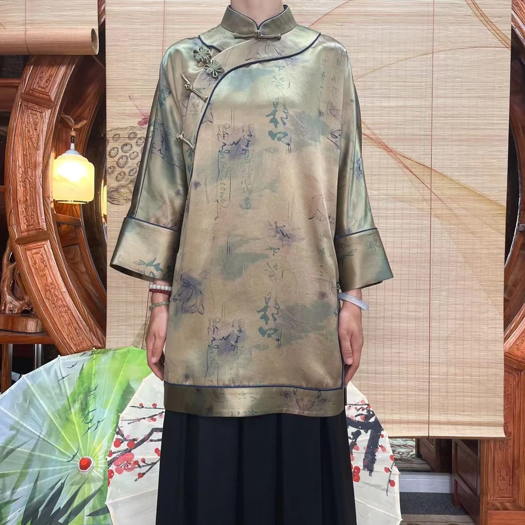 60姆米重缎水墨丹青香云纱富婆衫100桑蚕丝香云纱面料缝制中国风