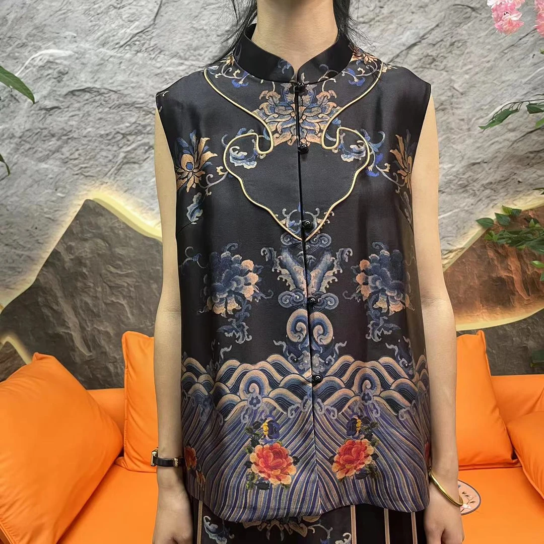 60姆米重缎江崖海水黑色马甲100桑蚕丝香云纱面料缝制中国风