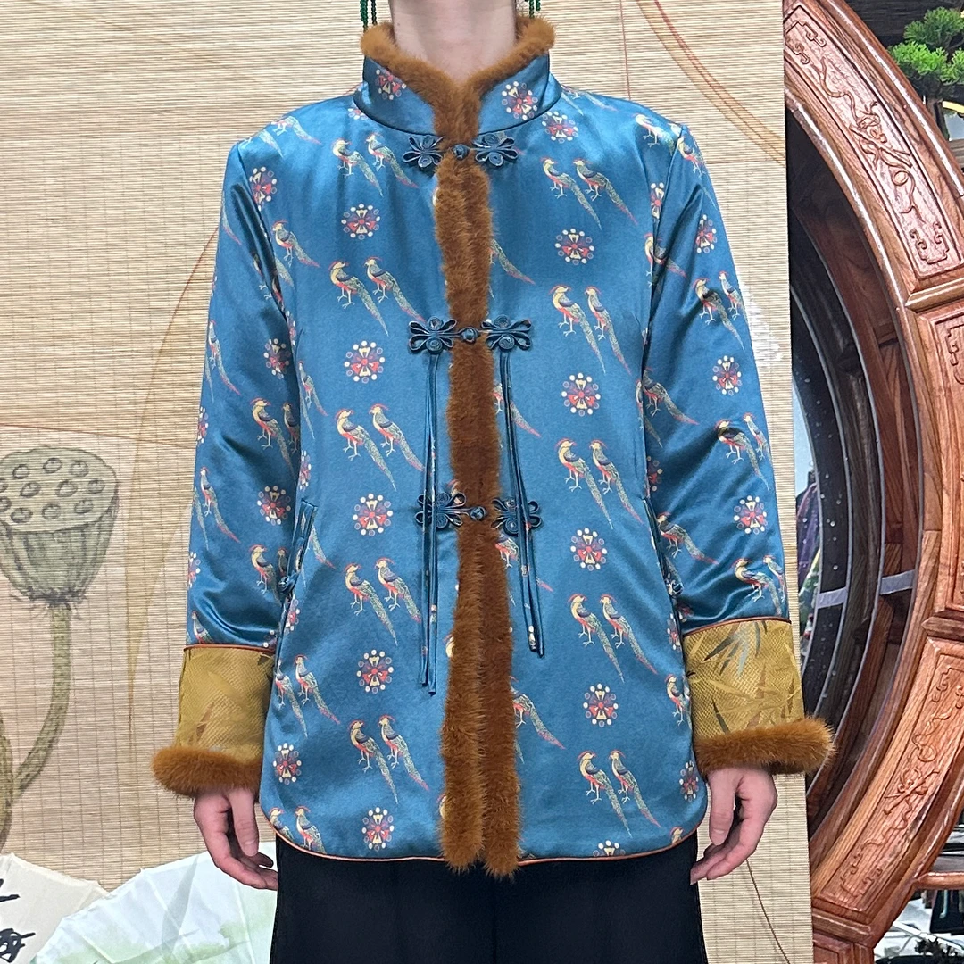 60姆米重缎双喜报福短款棉服100桑蚕丝香云纱填充羊驼绒