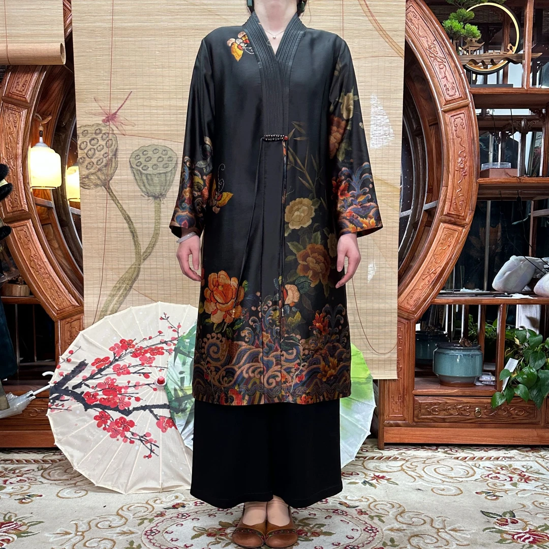 60姆米重缎牡丹富贵花开100桑蚕丝香云纱风衣对开襟新中式