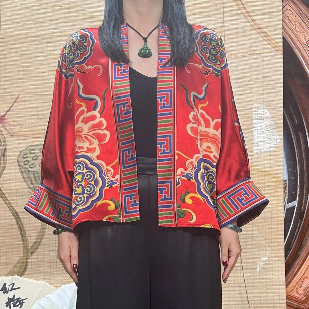 60姆米重缎红底八宝花开上衣100桑蚕丝香云纱面料缝制中国风