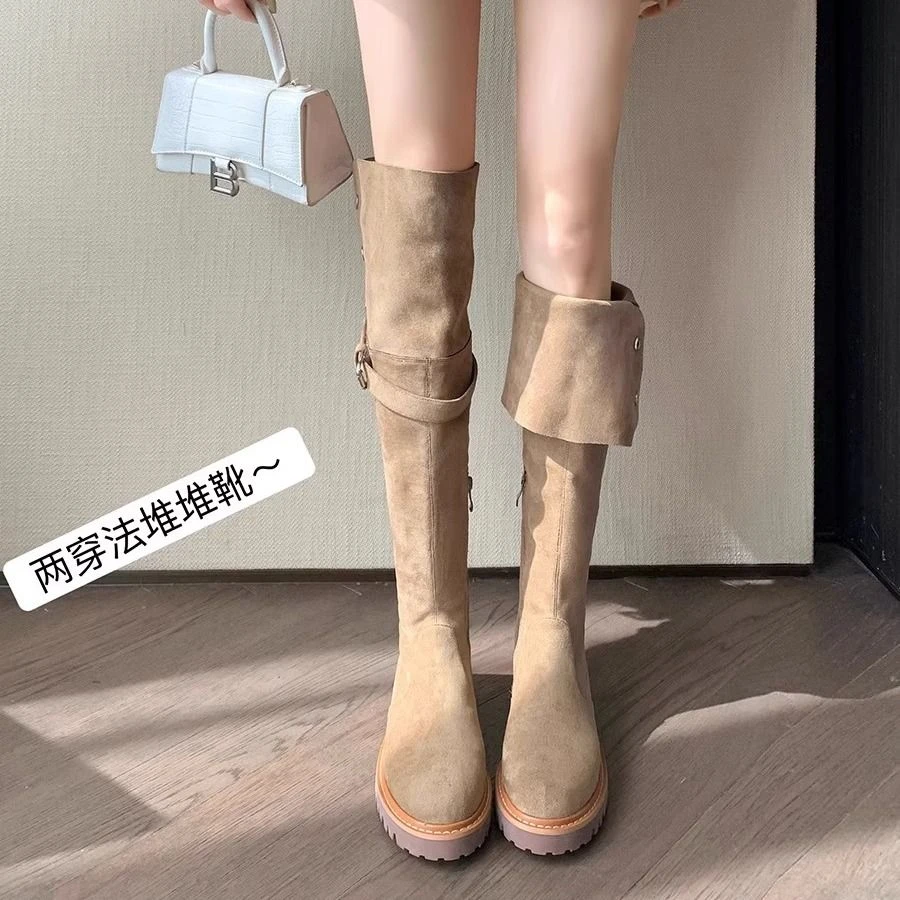 复古棕色两穿西部靴秋冬新款麂皮绒高筒靴粗跟过膝长靴高筒骑士靴