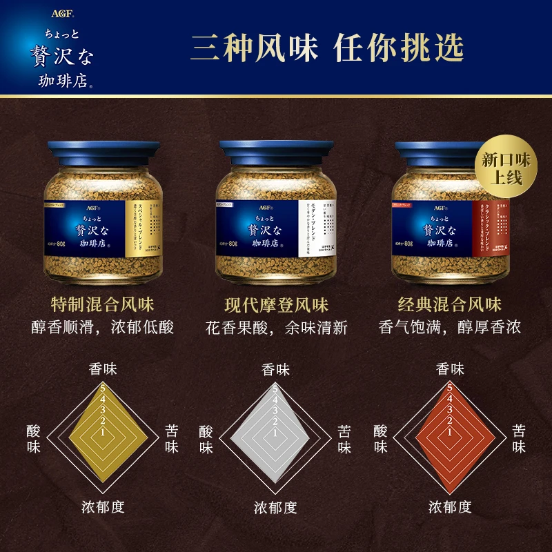 AGF奢华咖啡店蓝罐冻干速溶黑咖啡80g/瓶无糖纯黑咖啡粉原装进口