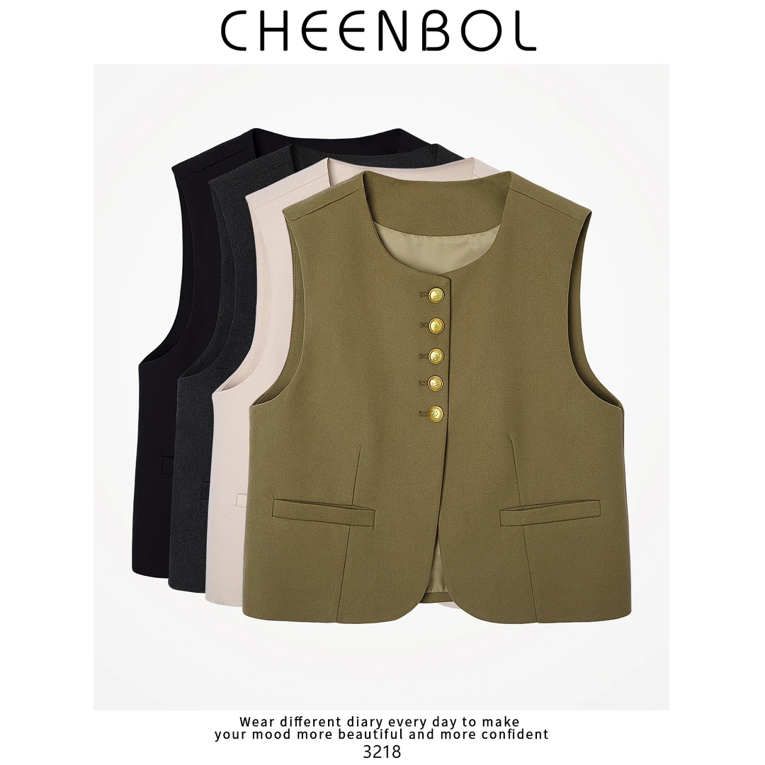 3218韩版高级感马甲女春秋新款圆领小众设计短款叠穿内搭坎肩外套