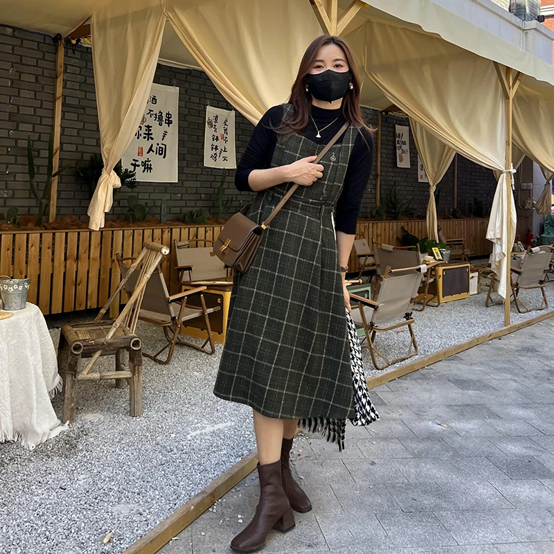 【CHEENBOL/浅帛】绿色格子毛呢连衣裙女秋冬气质复古