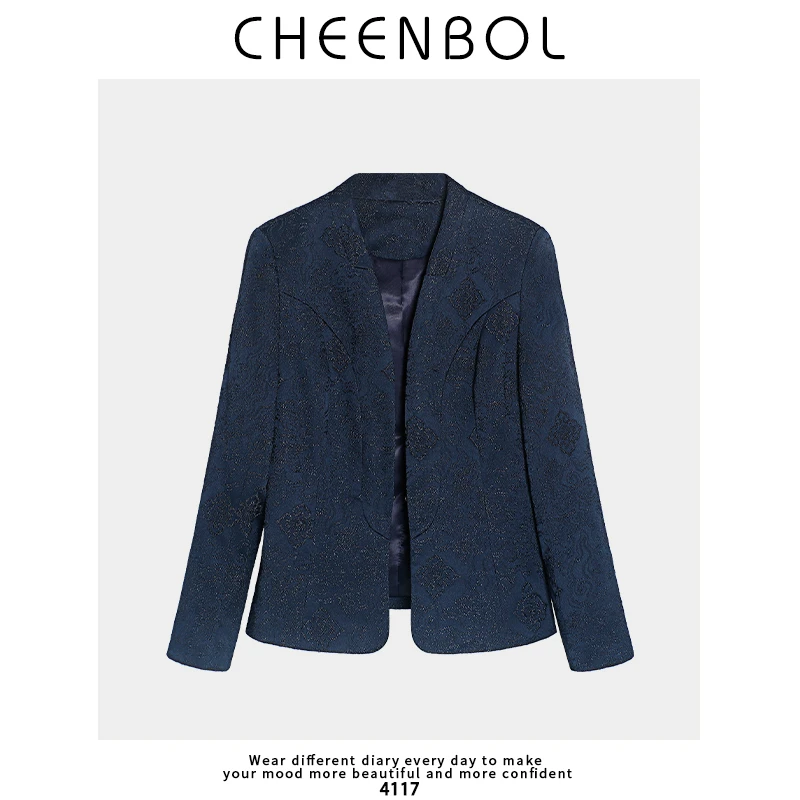 4117蓝色提花小西装外套女设计感小众气质修身西服上衣高级感