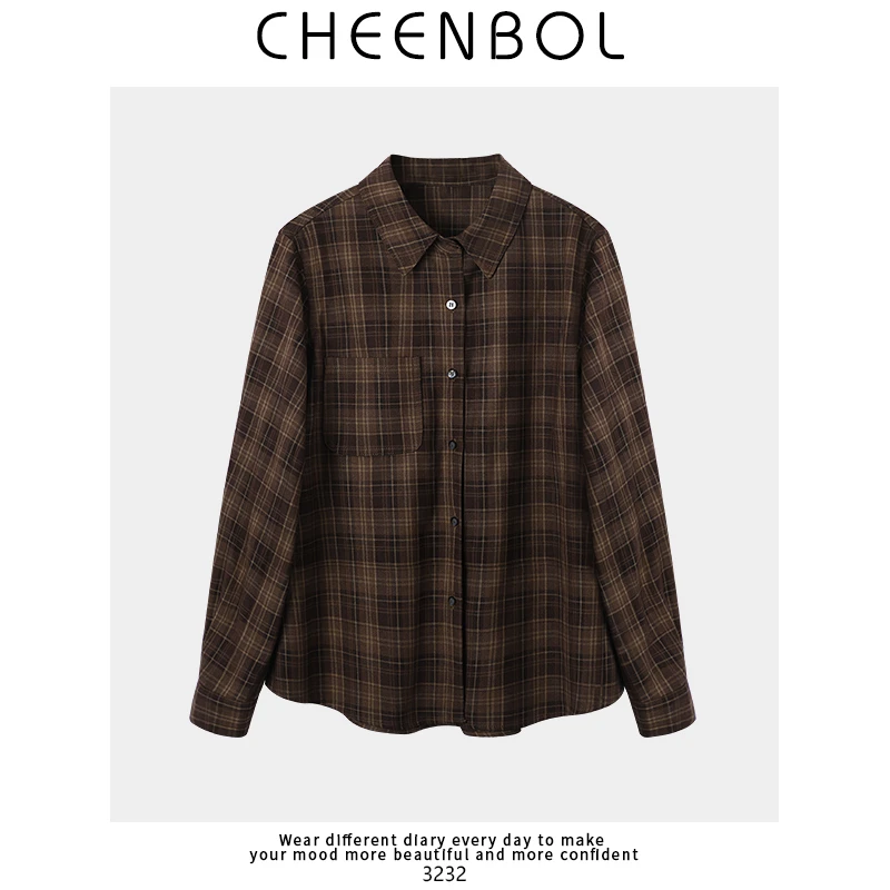 3232复古高级感格纹衬衫女春秋新款设计感翻领长袖叠穿内搭小衫