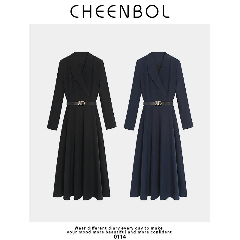 0114西装连衣裙女气质高端长款高级感西服领小黑裙