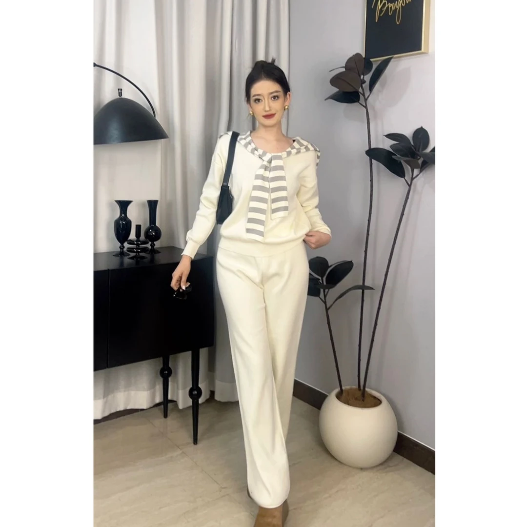 高级感气质时尚套装女2025秋冬新款海军领宽松毛衣阔腿裤两件套