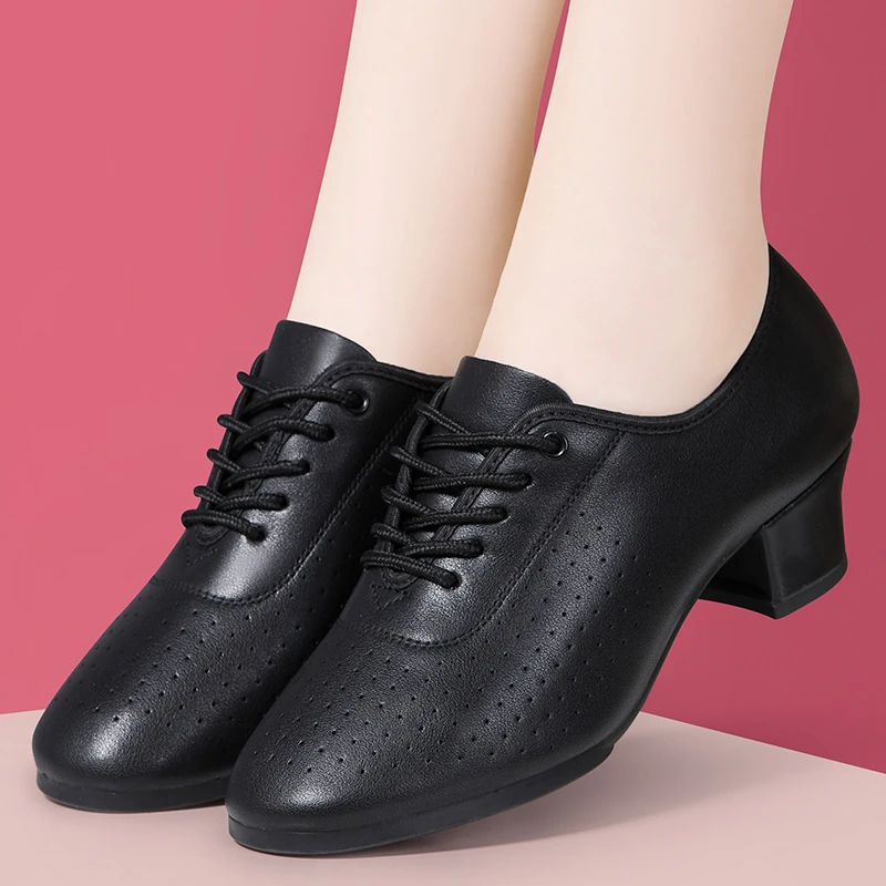 真皮舞蹈跳舞鞋子中跟水兵春秋妈妈系带教师百搭小众鞋子高跟鞋