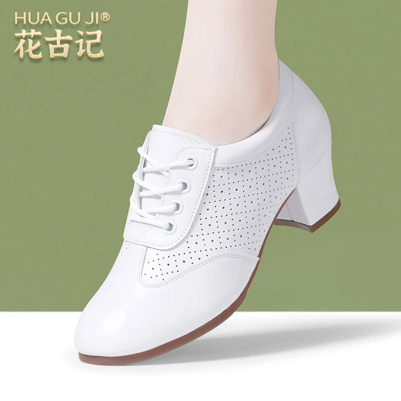 真皮中跟白色跳舞成人教师夏季百搭小众鞋子女鞋系带高跟鞋女士