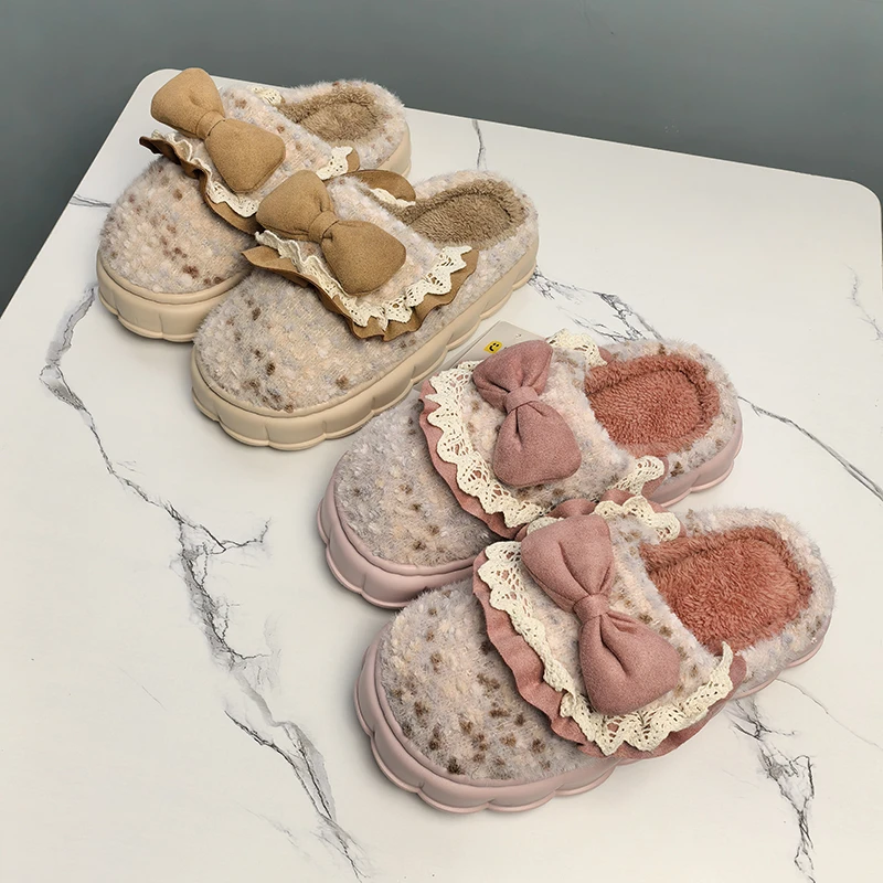 步旅蝴蝶结棉拖鞋8347秋冬季女士室内家居厚底毛绒月子拖鞋女冬天