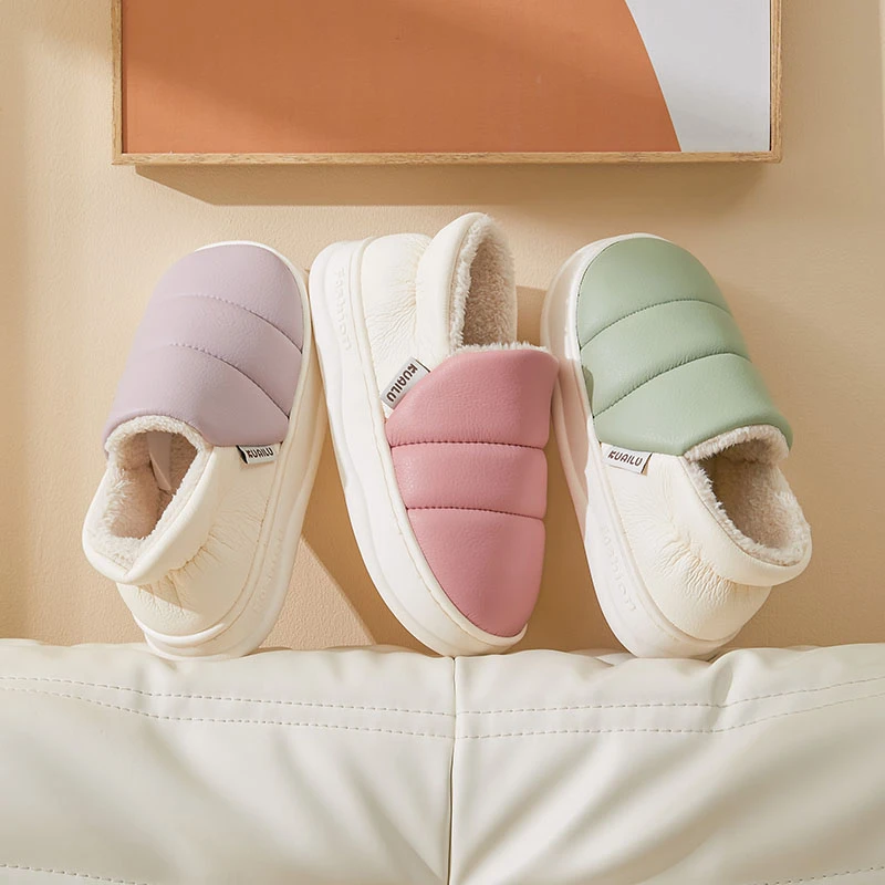 【微瑕】秋冬季保暖棉鞋2628包跟棉拖鞋女厚底居家用PU防水月子棉鞋