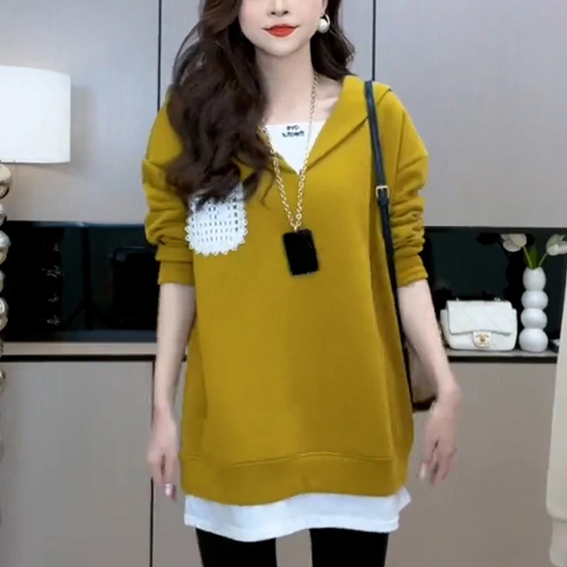 高含棉大码假两件中长款卫衣女2024年春秋季新款时尚洋气宽松上衣