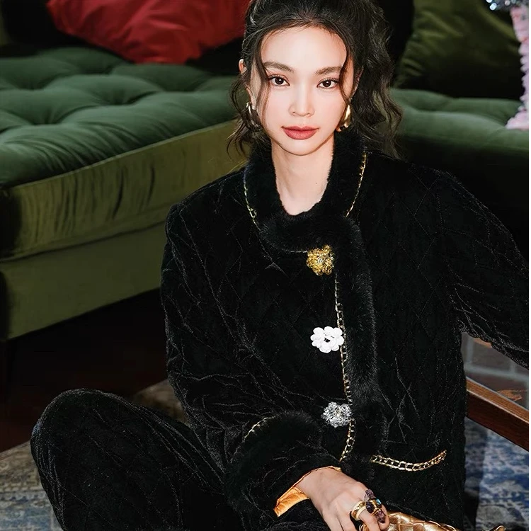 AW原创宫廷风水晶花睡衣套装女冬款保暖绗棉贵气感极繁百搭家居服