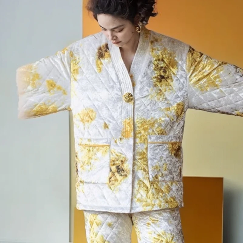 AW原创高端家居服亮丝绗棉睡衣轻奢时尚休闲女士加厚印花秋冬中式
