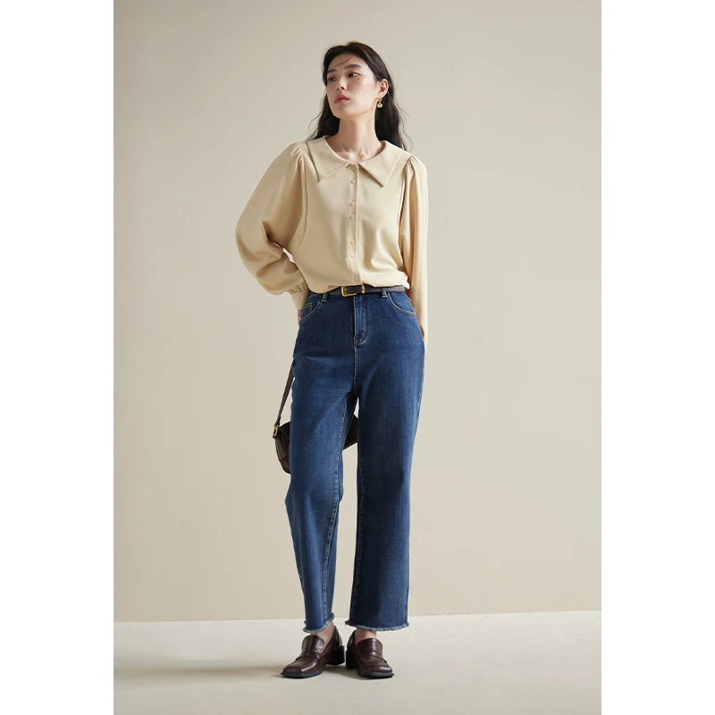 独束微胖MM大码女休闲百搭直筒抓绒牛仔裤高腰显瘦长裤23DS84029