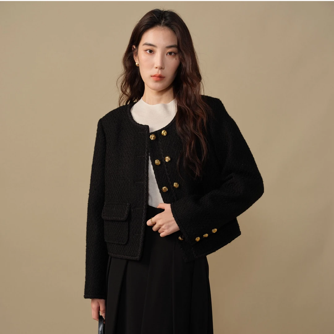 独束微胖M大码女装双排金属扣气质小香风复古质感短外套24DS84316