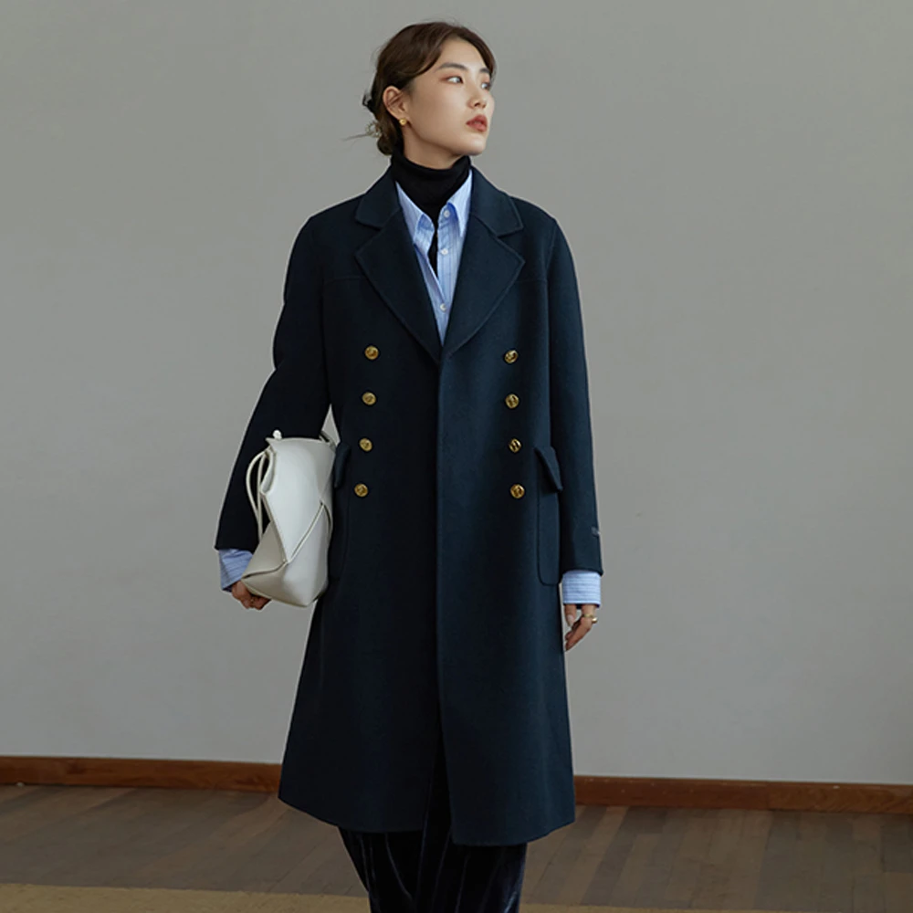 独束微胖大码女装经典复古双排扣双面呢大衣显瘦毛呢外套21DS4006