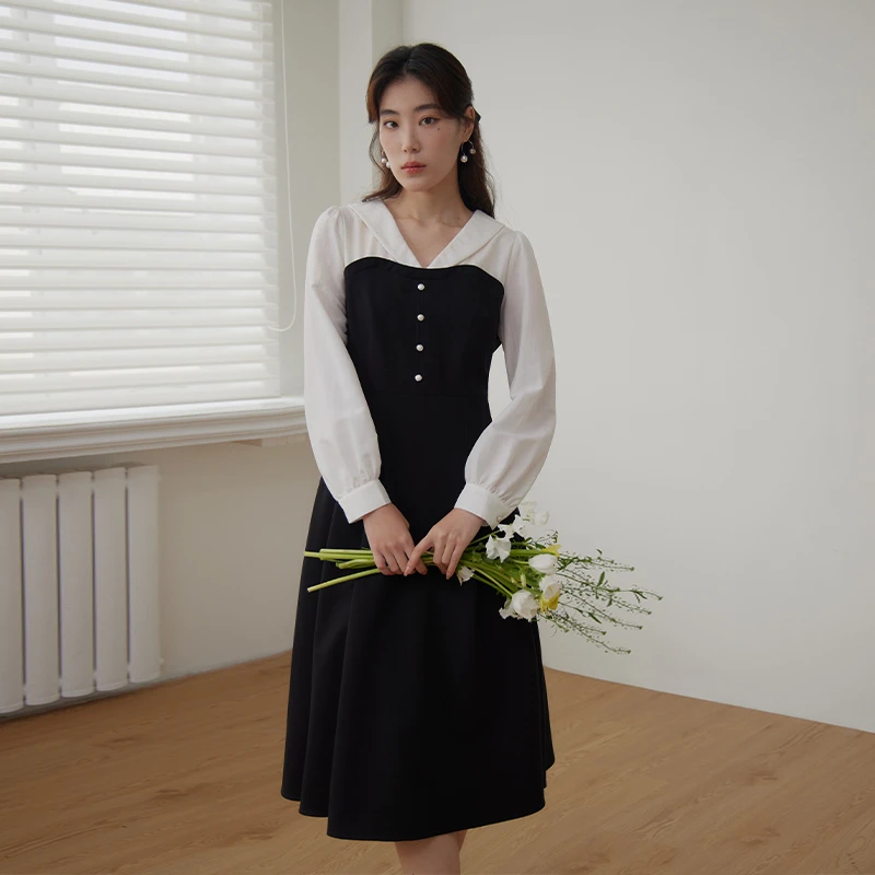 独束微胖M大码女装赫本气质百搭显瘦气质撞色拼接连衣裙24DS81164