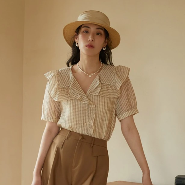 独束微胖MM大码女装法式木耳边减龄衬衫遮肚显瘦上衣23DS82097