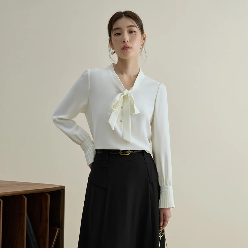 独束微胖MM大码女装通勤飘带领衬衫法式绒感雪纺衬衣23DS84185