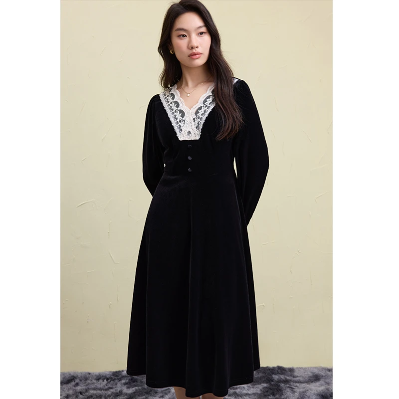 独束大码女装法式复古蕾丝花边V领赫本连衣裙裙子24DS84490