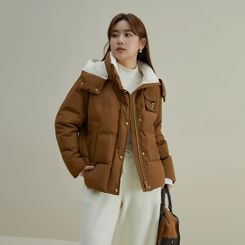 独束微胖MM大码女装简约连帽立领羽绒服百搭显瘦外套23DS84041