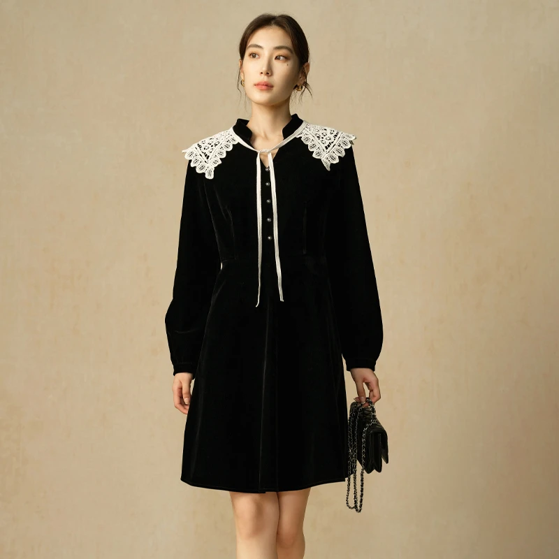 独束微胖大码女装可脱卸领子小立领连衣裙收腰丝绒裙24DS84386