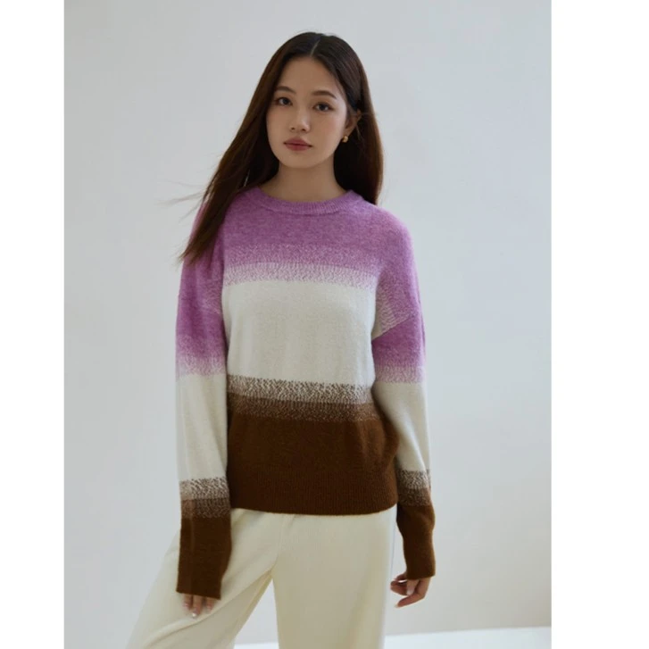 独束大码女装慵懒风宽松渐变毛衫冬圆领休闲显瘦针织衫23DS84320