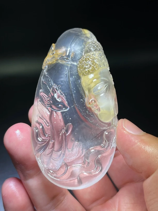 天然水晶胶花俏色求佛祈愿九尾狐，晶体干净雕刻