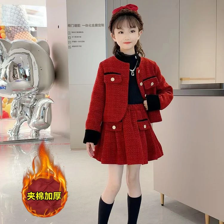 女童高端法式小香风套装洋气中大童夹棉加厚秋冬