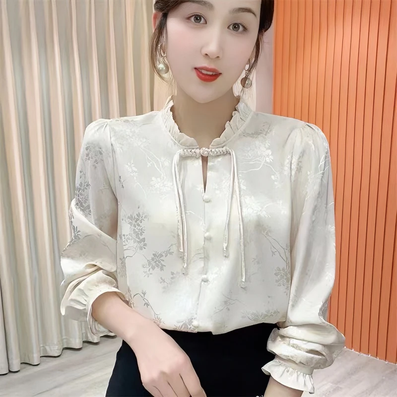 2024年春季新款新中式国风衬衫女长袖缎面提花设计感复古气质上衣