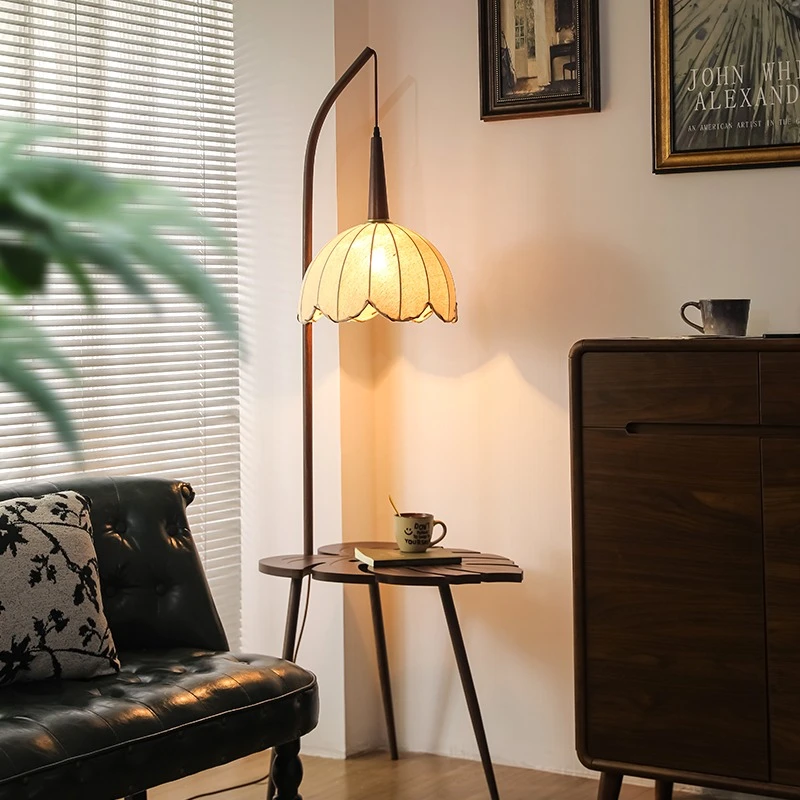 客厅法式中古风落地灯侘寂网红中式复古床头美式置物架一体灯