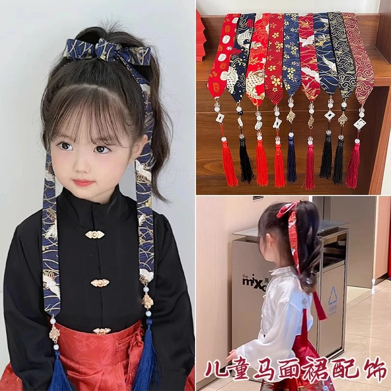 古风马面裙束头饰女2023新款中国风汉服古装配饰红色长条飘带可爱