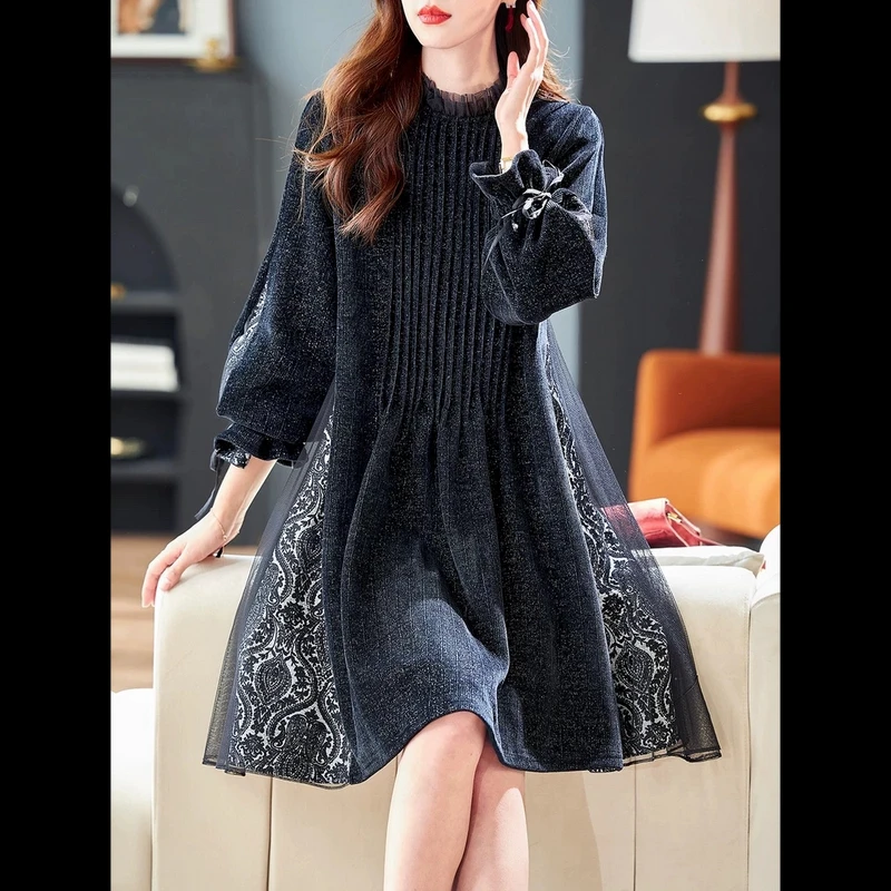 欧货设计感拼接网纱印花亮丝连衣裙女秋季新款宽松显瘦洋气中长裙