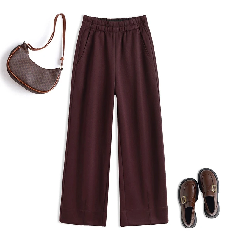 欧洲站设计感气质简约高腰显瘦阔腿裤女宽松百搭加绒九分直筒裤子