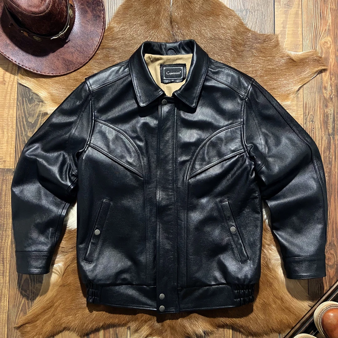 经典港风休闲阔版飞行服皮夹克复古老爹真皮皮衣头层牛皮短款外套