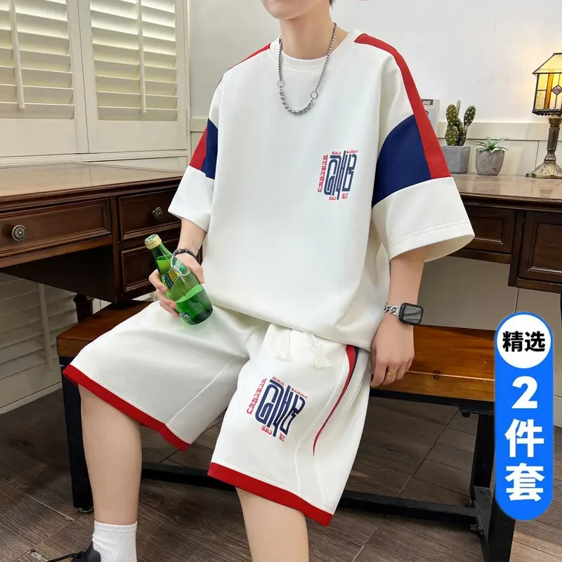 夏季短袖T恤男2025新款短裤帅气休闲运动套装搭配一套衣服宽松潮