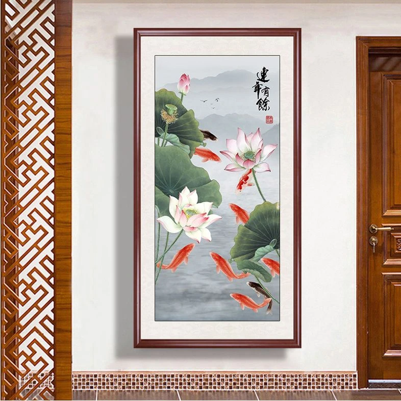荷花九鱼图走廊装饰画实木竖版过道挂画新中式轻奢墙壁画艺术挂画