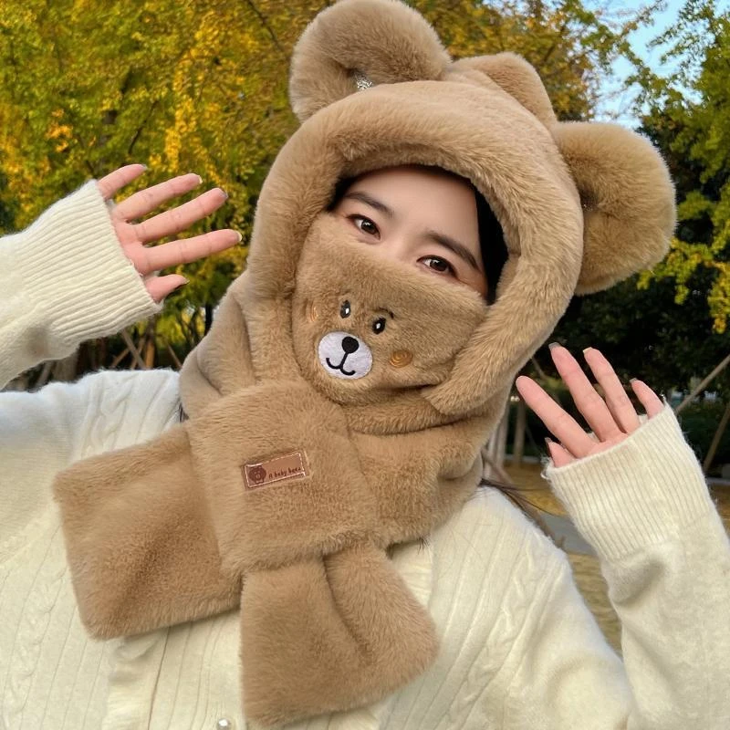 2023秋冬新款帽子围巾一体防风帽毛绒护耳保暖可爱萌加厚防护面罩