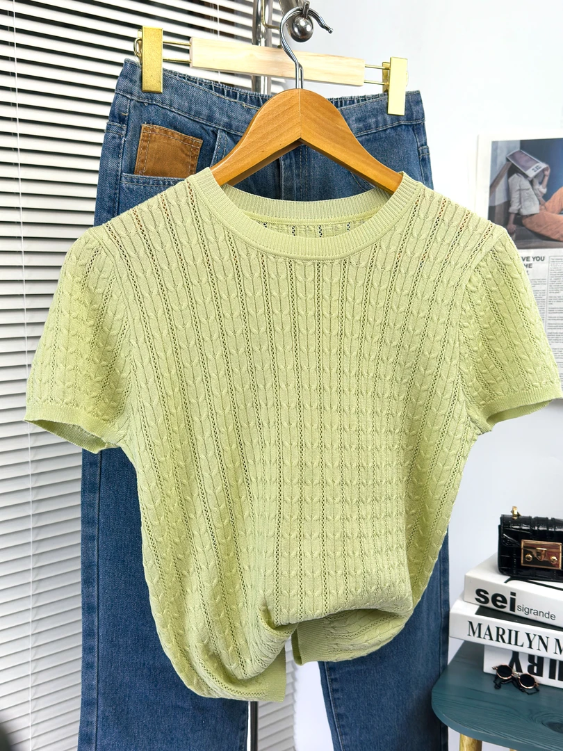 洋气镂空短袖针织衫女夏季气质减龄设计感时尚圆领麻花短款上衣