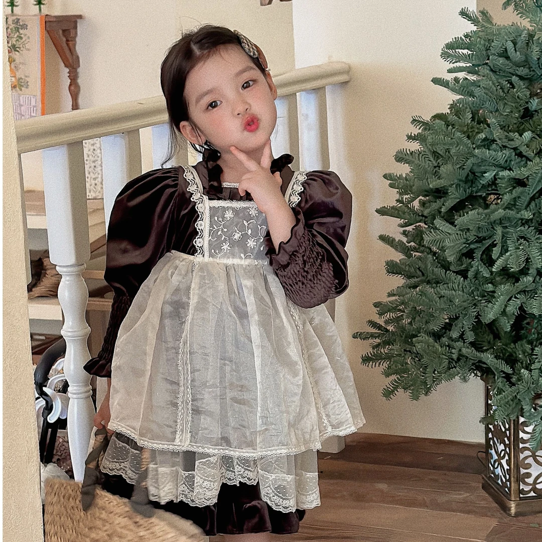 【工厂店】儿童时尚法式丝绒两件套连衣裙300300蕾丝泡泡袖
