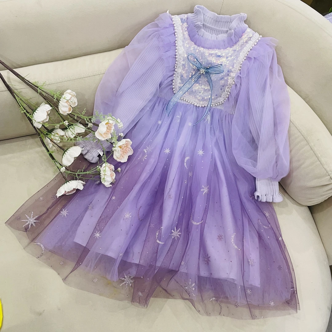【工厂店】女童冬季韩版时尚洋气紫色长袖毛衣网纱公主连衣裙2377