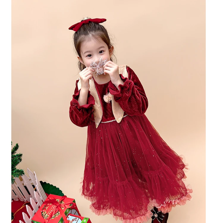 【工厂店】女童冬季时尚洋气红色年款加绒加厚保暖公主连衣裙281