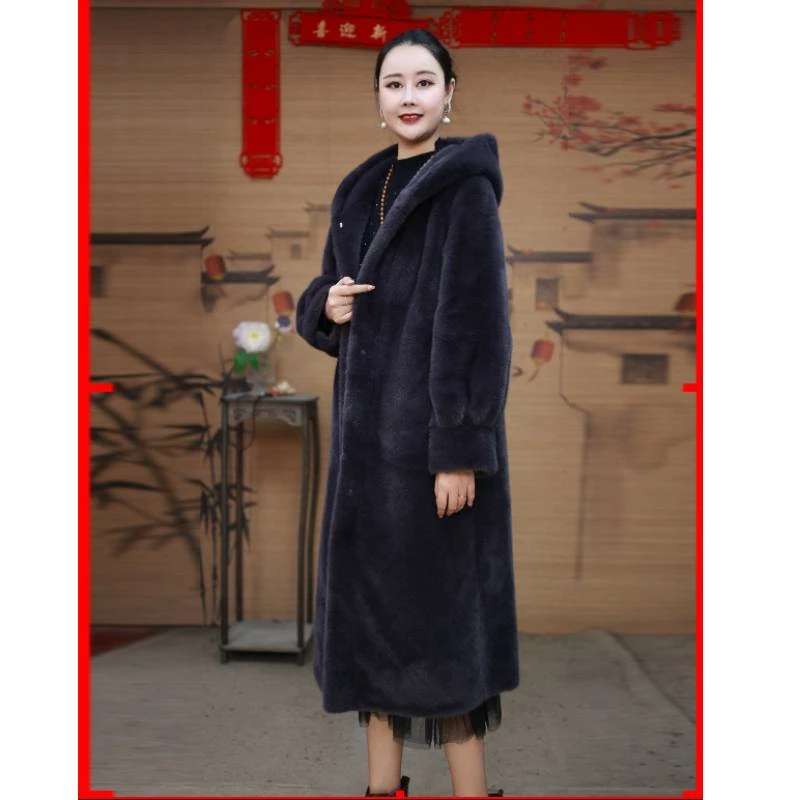 皮毛一体连帽长款高级时尚百搭轻奢风女款外套大码冬季